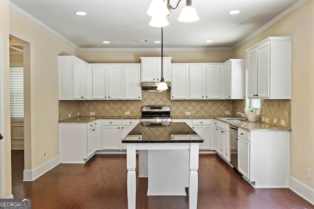 4540 Fourth Rail Ln, Cumming, GA 30040 - kitchen featuring stainless steel appliances, under cabinet range hood, light stone countertops, dark wood-type flooring, and white cabinetry