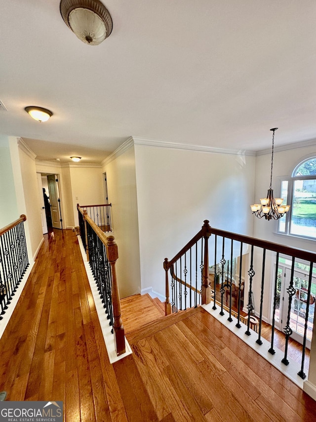 4265 Lansmoore, Suwanee, GA 30024 - corridor with a chandelier, hardwood / wood-style floors, ornamental molding, and an upstairs landing