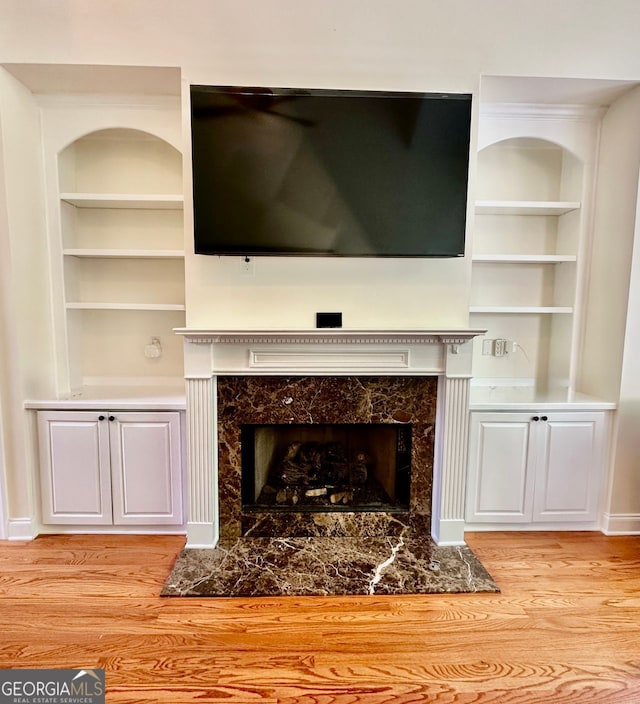 4265 Lansmoore, Suwanee, GA 30024 - detailed view of wood finished floors, a premium fireplace, and built in shelves