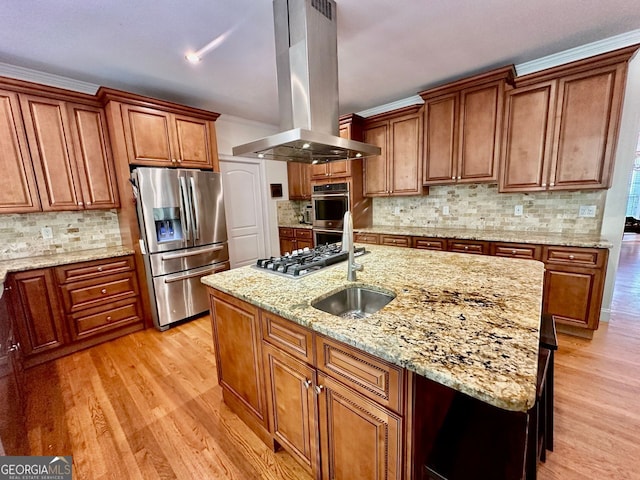 4265 Lansmoore, Suwanee, GA 30024 - kitchen featuring stainless steel appliances, island range hood, light wood-type flooring, and tasteful backsplash