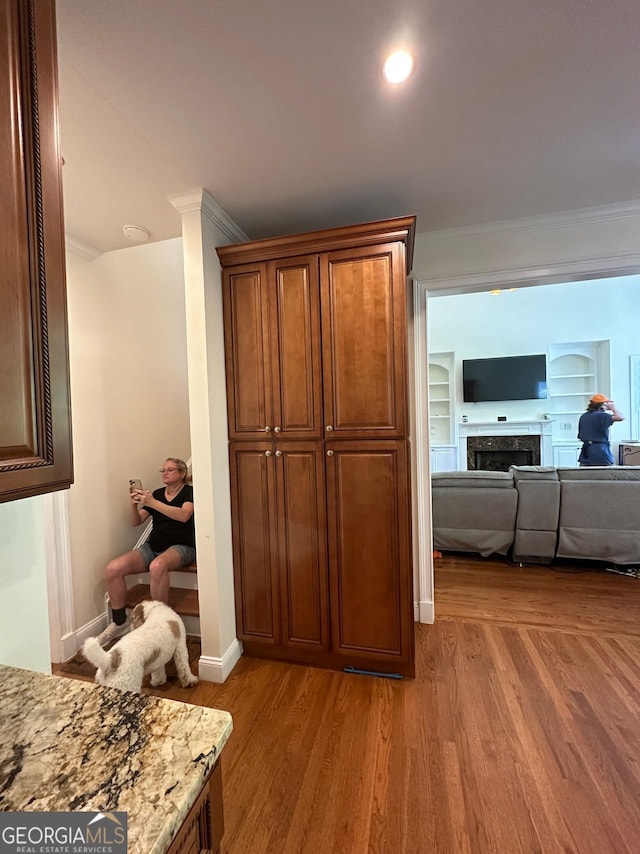 4265 Lansmoore, Suwanee, GA 30024 - detailed view of crown molding, a fireplace, and wood finished floors