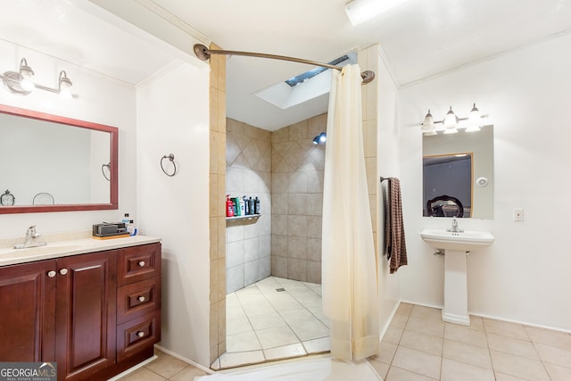 294 Birch Rd, Franklin, GA 30217 - full bath with a tile shower, tile patterned flooring, a skylight, and crown molding