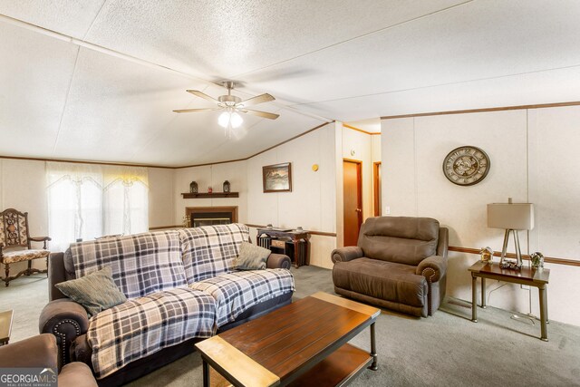 294 Birch Rd, Franklin, GA 30217 - living area featuring carpet, ceiling fan, lofted ceiling, and a fireplace