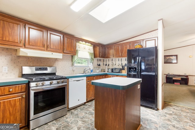 294 Birch Rd, Franklin, GA 30217 - kitchen with dishwasher, gas stove, black refrigerator with ice dispenser, under cabinet range hood, and vaulted ceiling