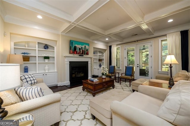 6110 Read Rd, Suwanee, GA 30024 - living room with built in features, crown molding, beamed ceiling, coffered ceiling, and recessed lighting
