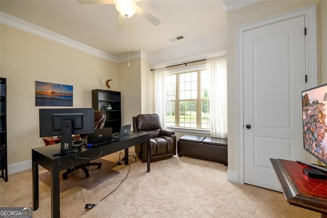 6110 Read Rd, Suwanee, GA 30024 - carpeted office space with ornamental molding, ceiling fan, and baseboards
