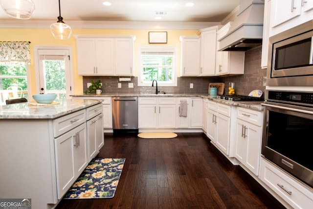 1032 Switchgrass Dr, Statham, GA 30666 - kitchen with stainless steel appliances, custom range hood, ornamental molding, white cabinets, and a sink