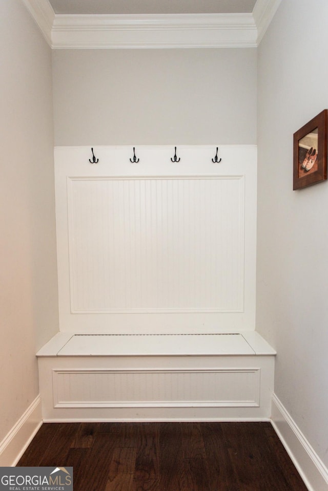 1032 Switchgrass Dr, Statham, GA 30666 - mudroom with crown molding and dark wood-style floors