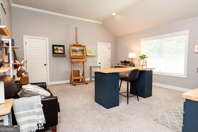 1032 Switchgrass Dr, Statham, GA 30666 - office space with light carpet, baseboards, ornamental molding, and lofted ceiling