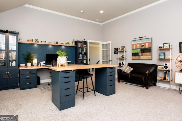 1032 Switchgrass Dr, Statham, GA 30666 - office area with light carpet, crown molding, french doors, lofted ceiling, and recessed lighting