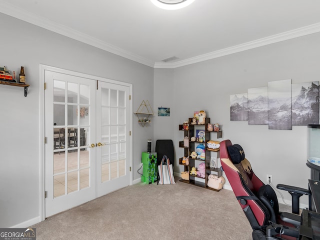 1613 Brolington Ct, Conyers, GA 30013 - office with french doors, crown molding, and carpet flooring
