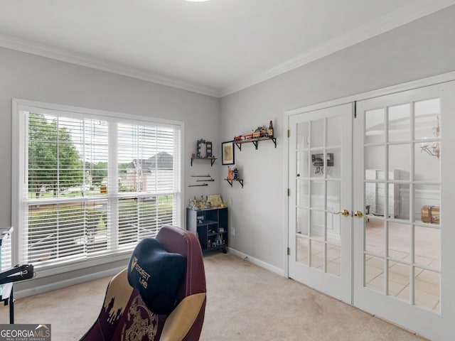 1613 Brolington Ct, Conyers, GA 30013 - living area with carpet flooring, crown molding, and french doors