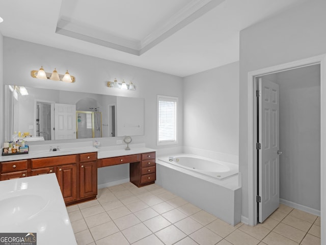 1613 Brolington Ct, Conyers, GA 30013 - full bath featuring vanity, a tub with jets, a stall shower, tile patterned floors, and a raised ceiling