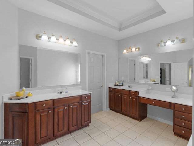 1613 Brolington Ct, Conyers, GA 30013 - full bathroom featuring vanity, tile patterned flooring, and a tray ceiling