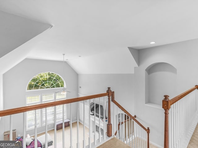 1613 Brolington Ct, Conyers, GA 30013 - corridor with an upstairs landing, lofted ceiling, and recessed lighting