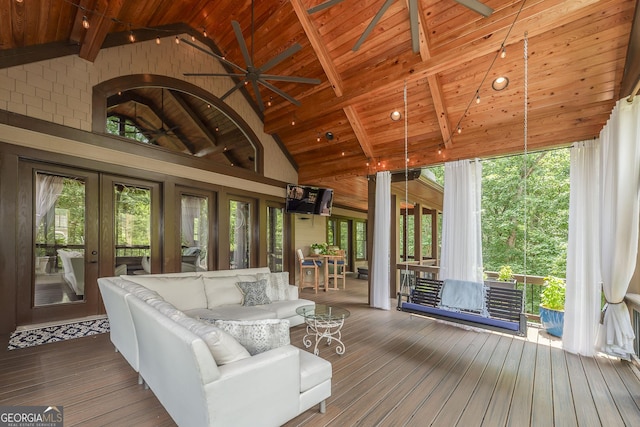 177 Selfridge Rd, Mcdonough, GA 30252 - living room with a wooden ceiling with exposed beams, high vaulted ceiling, french doors, plenty of natural light, and hardwood / wood-style flooring