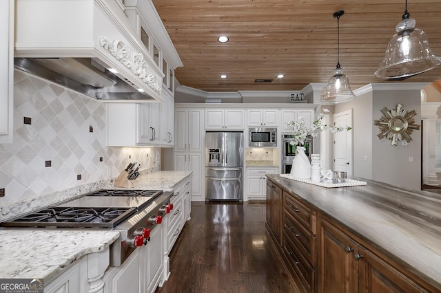 177 Selfridge Rd, Mcdonough, GA 30252 - kitchen with appliances with stainless steel finishes, custom range hood, white cabinetry, dark wood-style flooring, and backsplash