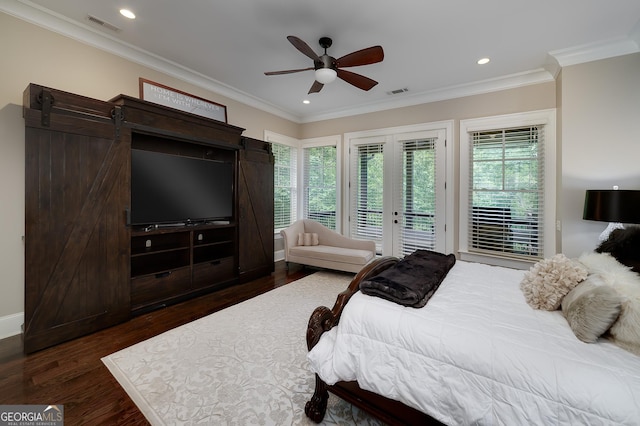 177 Selfridge Rd, Mcdonough, GA 30252 - bedroom with access to exterior, dark wood-style flooring, ornamental molding, recessed lighting, and ceiling fan