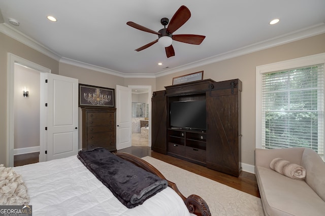 177 Selfridge Rd, Mcdonough, GA 30252 - bedroom featuring crown molding, wood finished floors, recessed lighting, ensuite bathroom, and ceiling fan