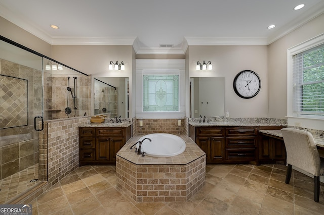 177 Selfridge Rd, Mcdonough, GA 30252 - full bath featuring a bath, two vanities, a shower stall, ornamental molding, and recessed lighting