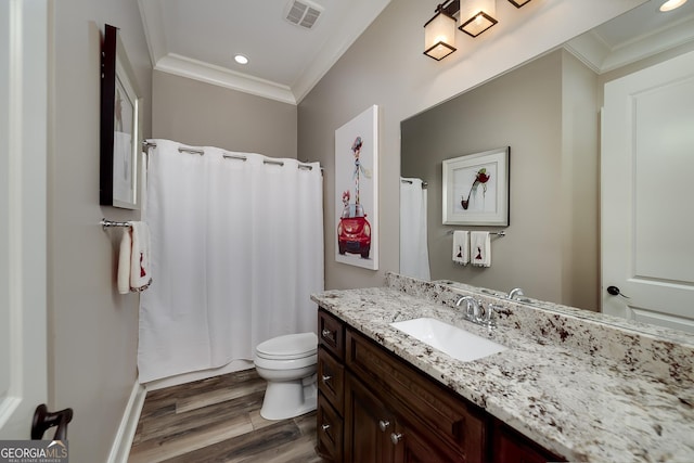 177 Selfridge Rd, Mcdonough, GA 30252 - full bathroom with crown molding, vanity, wood finished floors, recessed lighting, and curtained shower