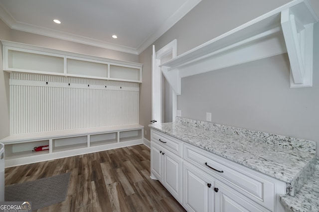 177 Selfridge Rd, Mcdonough, GA 30252 - mudroom with crown molding, dark wood-type flooring, recessed lighting, and baseboards