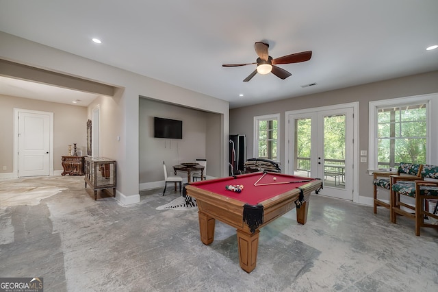 177 Selfridge Rd, Mcdonough, GA 30252 - recreation room featuring french doors, a ceiling fan, pool table, baseboards, and recessed lighting