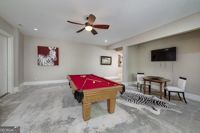 177 Selfridge Rd, Mcdonough, GA 30252 - recreation room with a ceiling fan, pool table, baseboards, and recessed lighting