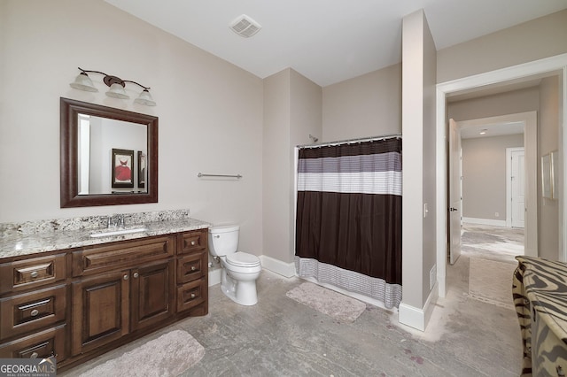177 Selfridge Rd, Mcdonough, GA 30252 - bathroom featuring toilet, vanity, baseboards, and curtained shower