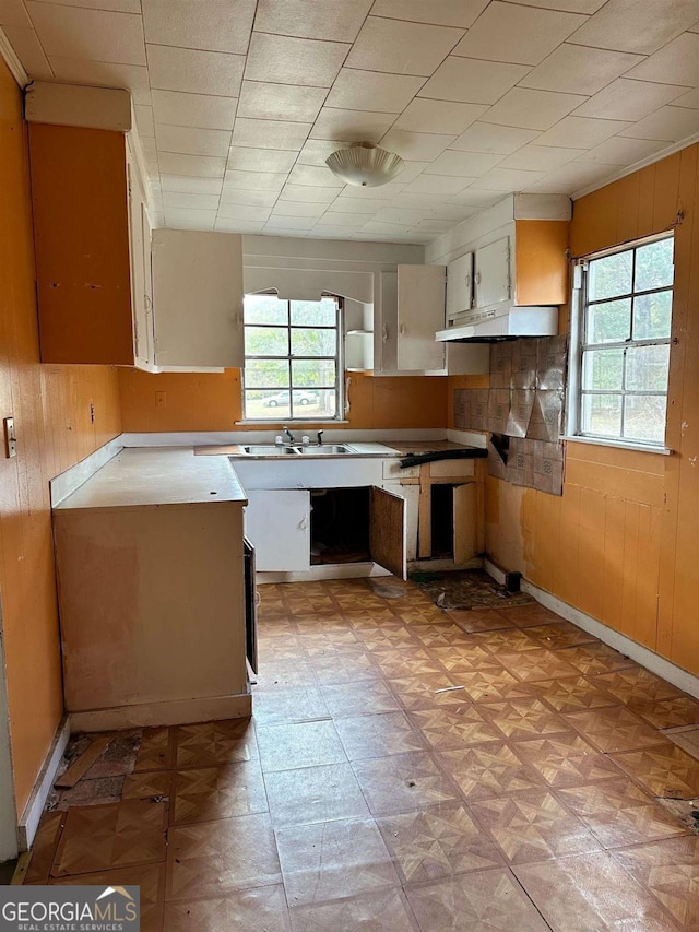 796 Shoemaker Rd, West Point, GA 31833 - kitchen with wood walls, under cabinet range hood, and light floors