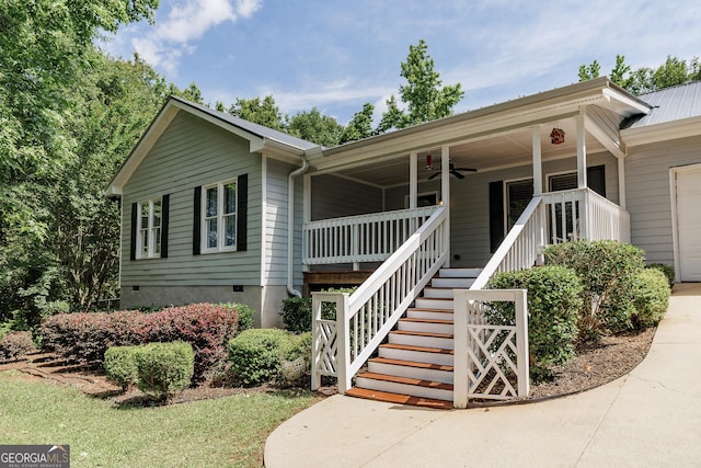 82 Post Oak Cir, Crawford, GA 30630 - ranch-style home featuring covered porch, a garage, concrete driveway, stairway, and ceiling fan