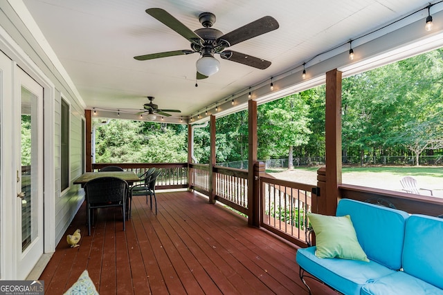82 Post Oak Cir, Crawford, GA 30630 - wooden terrace featuring a ceiling fan
