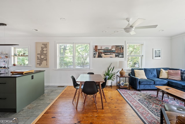 278 Fourth St, Athens, GA 30601 - dining area with healthy amount of natural light, ceiling fan, light wood finished floors, ornamental molding, and recessed lighting