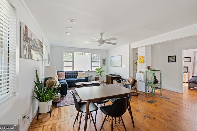 278 Fourth St, Athens, GA 30601 - dining area with ceiling fan, ornamental molding, light wood-style floors, and recessed lighting