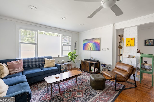 278 Fourth St, Athens, GA 30601 - living room with plenty of natural light, wood finished floors, a ceiling fan, and recessed lighting