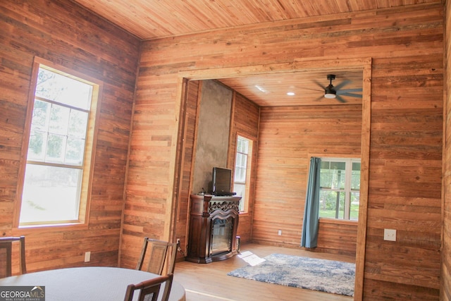 1048 Whites Mill Rd, Valley, AL 36854 - dining space with plenty of natural light, ceiling fan, wooden walls, light wood-style flooring, and wooden ceiling