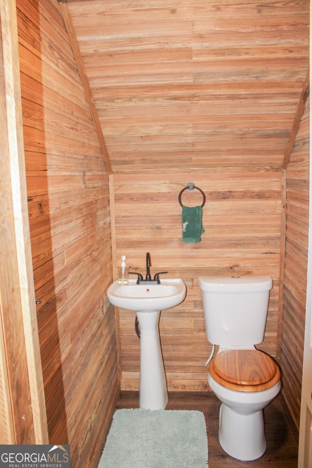 1048 Whites Mill Rd, Valley, AL 36854 - bathroom with toilet, wood walls, and lofted ceiling