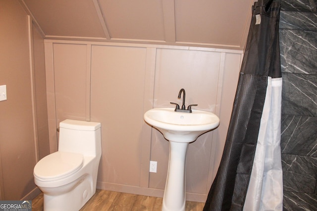 1048 Whites Mill Rd, Valley, AL 36854 - bathroom with a decorative wall, wood finished floors, toilet, and a shower with shower curtain