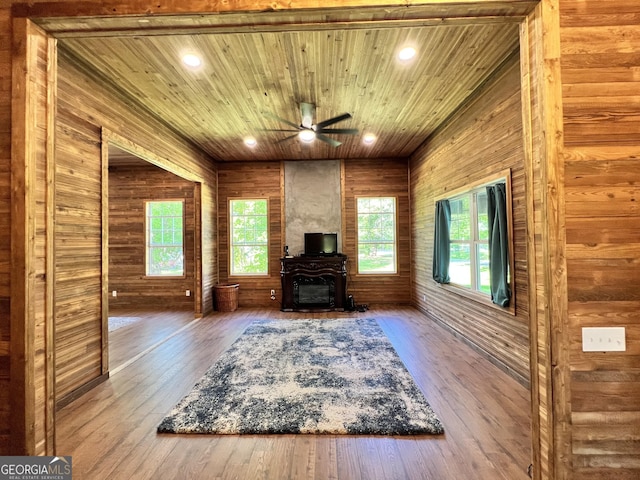 1048 Whites Mill Rd, Valley, AL 36854 - living area featuring wooden ceiling, a fireplace, ceiling fan, wood walls, and recessed lighting