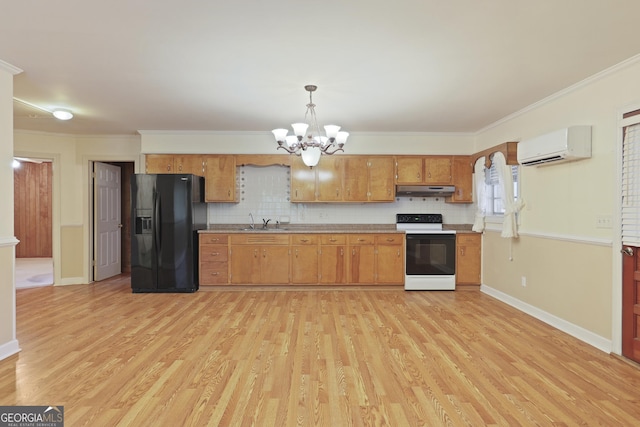 2317 Ga Highway 24, Statesboro, GA 30461 - kitchen with white electric stove, black fridge with ice dispenser, a wall unit AC, light wood-style floors, and a chandelier