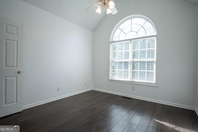 2021 Windfield Dr, Monroe, GA 30655 - unfurnished room featuring ceiling fan, lofted ceiling, and dark wood finished floors