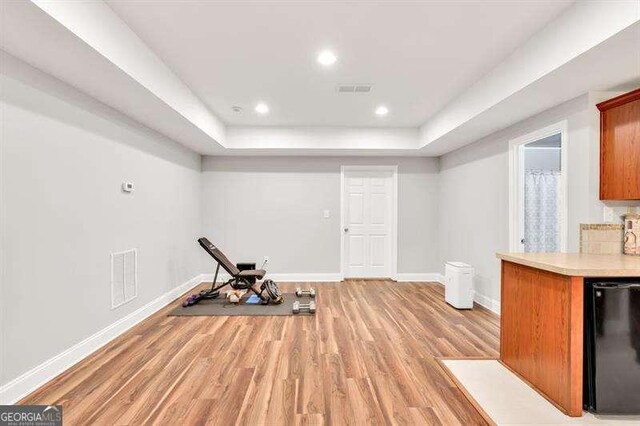 125 Shamus Way, Jefferson, GA 30549 - workout area featuring light wood-style floors, a tray ceiling, and recessed lighting