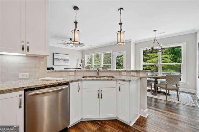 115 Greenbrier Way, Canton, GA 30114 - kitchen with stainless steel dishwasher, a sink, crown molding, tasteful backsplash, and a peninsula