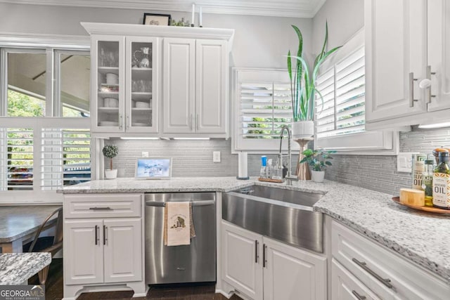 3111 Old Thompson Mill Rd, Buford, GA 30519 - kitchen with dishwasher, a sink, white cabinetry, ornamental molding, and tasteful backsplash