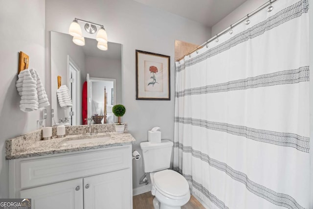3111 Old Thompson Mill Rd, Buford, GA 30519 - bathroom featuring toilet, vanity, and wood finished floors