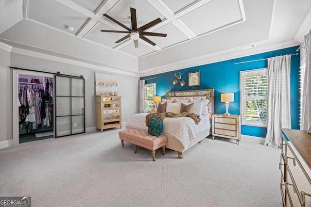 3111 Old Thompson Mill Rd, Buford, GA 30519 - carpeted bedroom featuring multiple windows, crown molding, baseboards, coffered ceiling, and ceiling fan