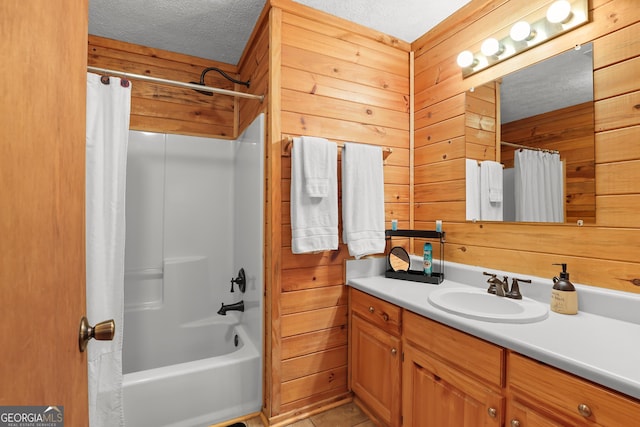 242 Eagles Nest Rd, Sautee Nacoochee, GA 30571 - full bathroom with vanity, shower / bath combination with curtain, wood walls, a textured ceiling, and tile patterned flooring