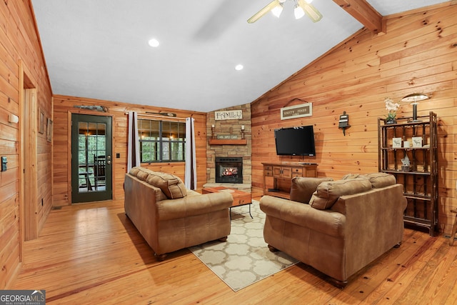 242 Eagles Nest Rd, Sautee Nacoochee, GA 30571 - living area featuring wooden walls, light wood-style floors, ceiling fan, a stone fireplace, and recessed lighting