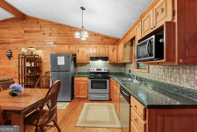 242 Eagles Nest Rd, Sautee Nacoochee, GA 30571 - kitchen with appliances with stainless steel finishes, a sink, under cabinet range hood, dark countertops, and light wood finished floors