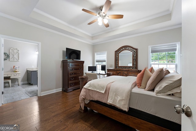 521 Peeples Valley Rd NW, Cartersville, GA 30121 - bedroom featuring a raised ceiling, wood-type flooring, ornamental molding, ceiling fan, and an office area
